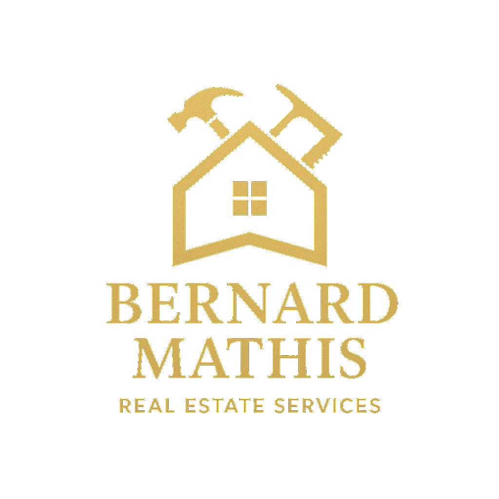 Bernard Mathis Real Estate Services — gold house and hammer logo