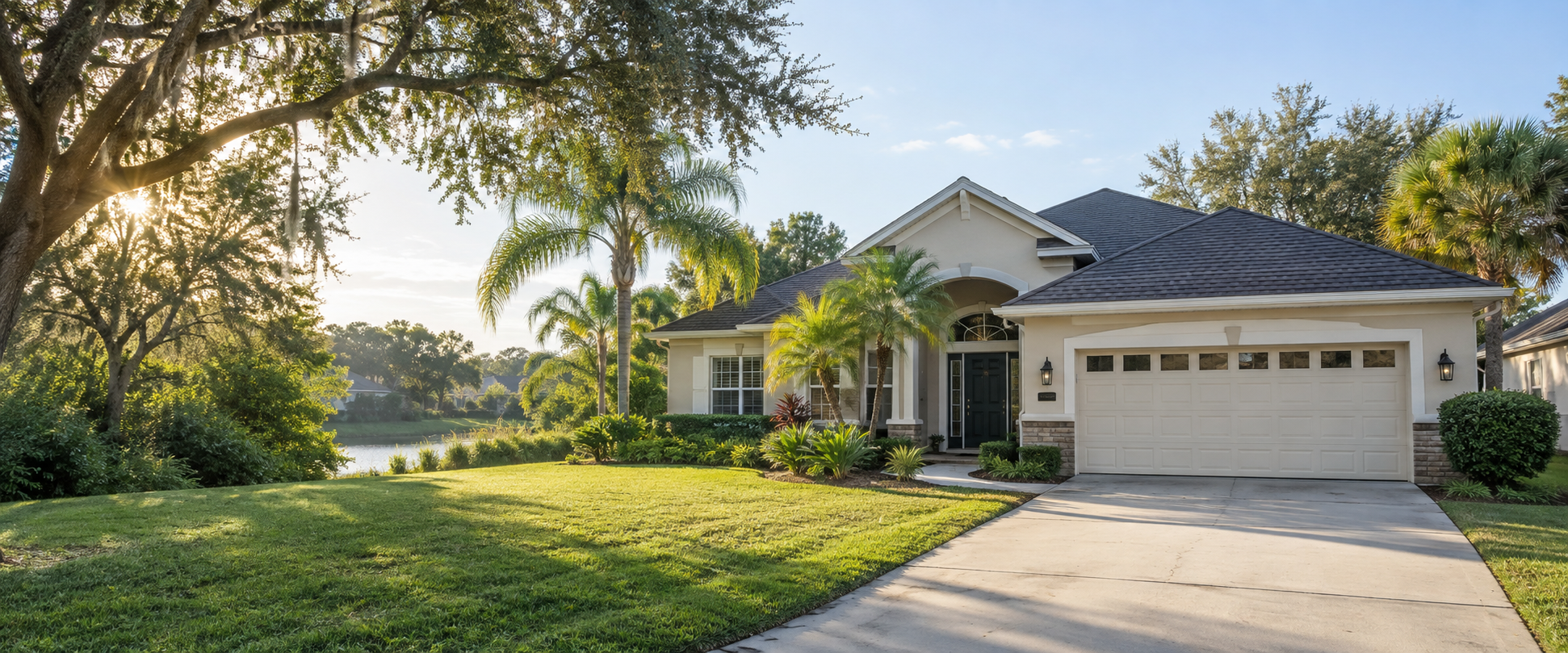 A welcoming Central Florida home surrounded by mature trees and palms